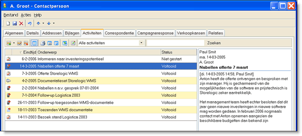 Schermvoorbeeld: Contacthistorie leesvenster